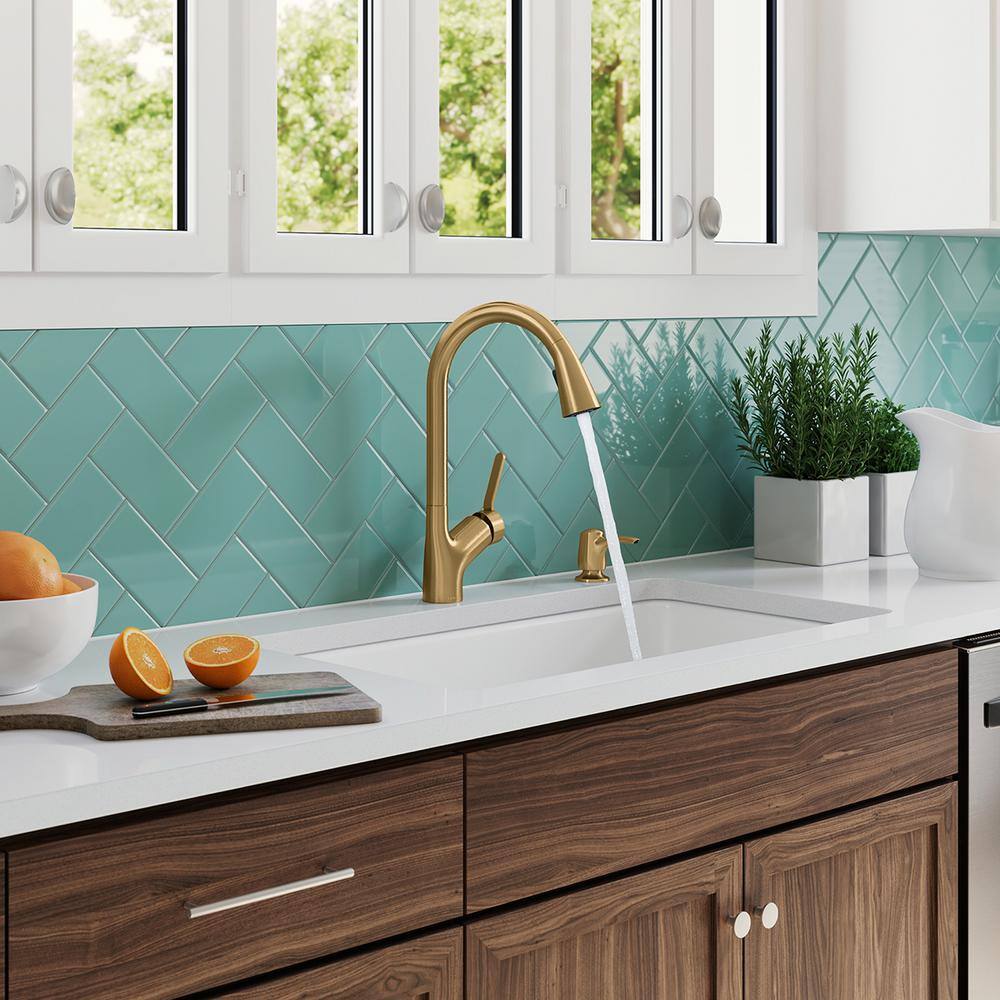 Vibrant Brushed Moderne Brass Pull-Down Kitchen Faucet with Soap Dispenser