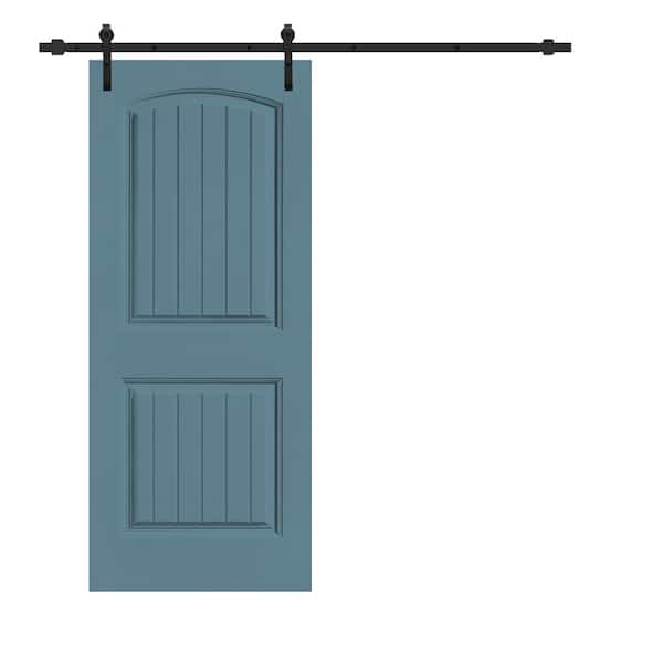 CALHOME Elegant Series 30 in. x 80 in. Dignity Blue Stained Composite MDF 2 Panel Camber Top Sliding Barn Door with Hardware Kit