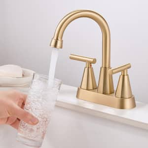 High-gooseneck 4 in. Centerset Double Handle 360° rotation Bathroom Faucet with Drain kit Included in Brushed Gold