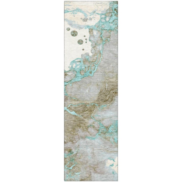 Mayfield Premium Machine Washable Abstract AMF2110 Teal 2 ft. x 7 ft. Runner Rug