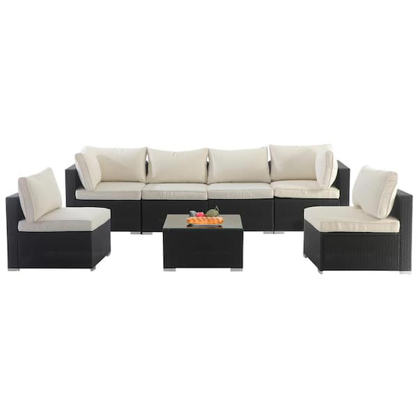 Tunearary 7-Pieces All Weather PE Rattan Wicker Outdoor Patio Sectional Conversation Sets with Coffee Table and Beige Cushions