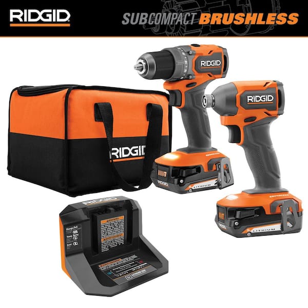 RIDGID 18V SubCompact Brushless 2-Tool Combo Kit with Drill/Driver, Impact Driver, (2) 2.0 Ah Batteries, Charger, and Tool Bag