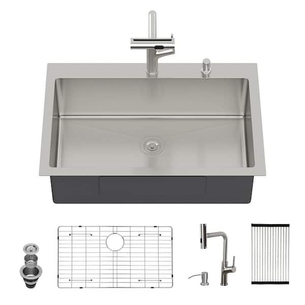 16 Gauge Brushed Nickel Stainless Steel 33 in. x 22 in. Drop-In Bar Sink kitchen Sink with Pull-out Faucet