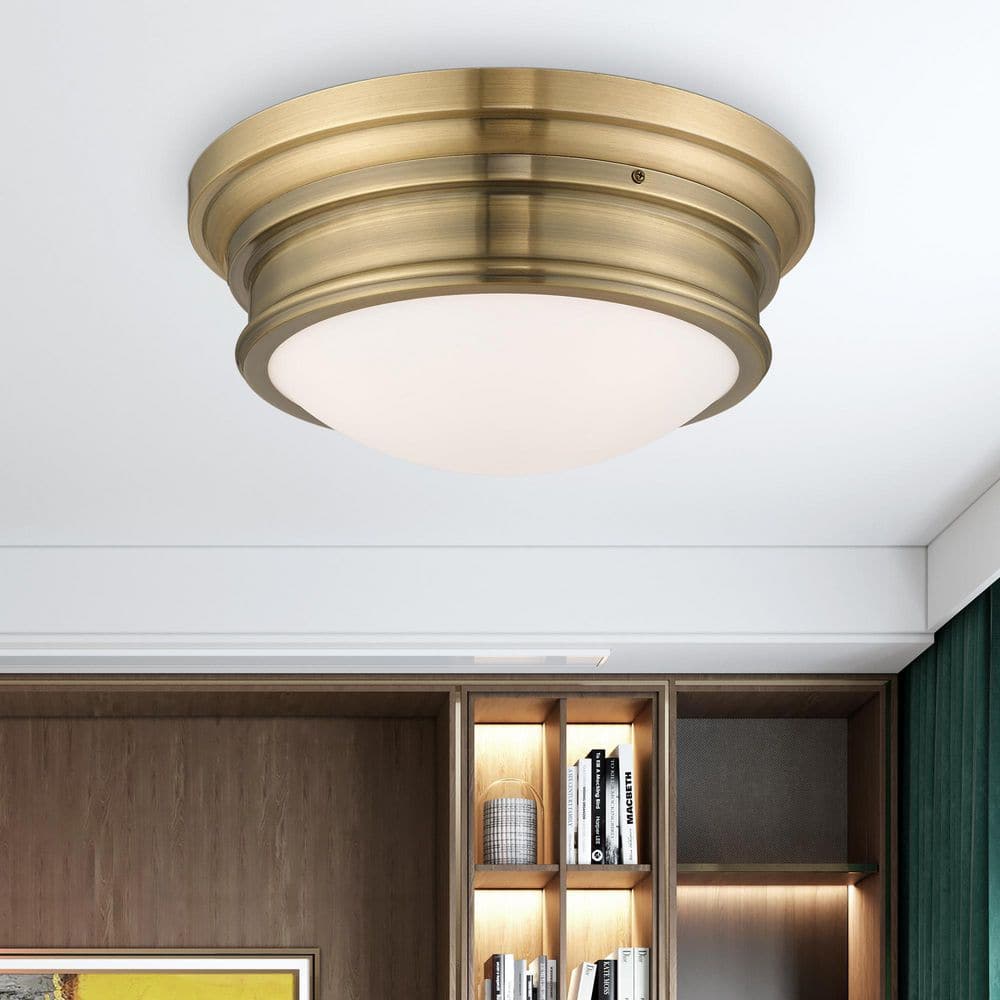 Antique Brass 3-Light Flush Mount with Satin White Glass