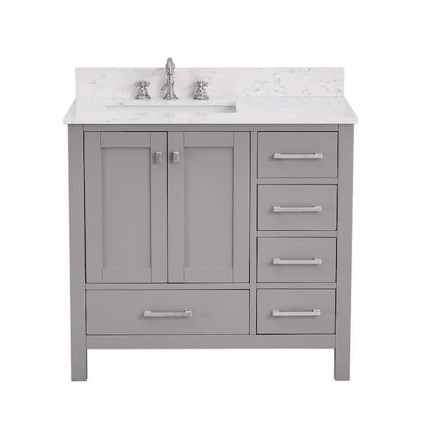 PROOX Enlivena 36 in. W Freestanding Bath Vanity in Gray with White Engineered Stone Top