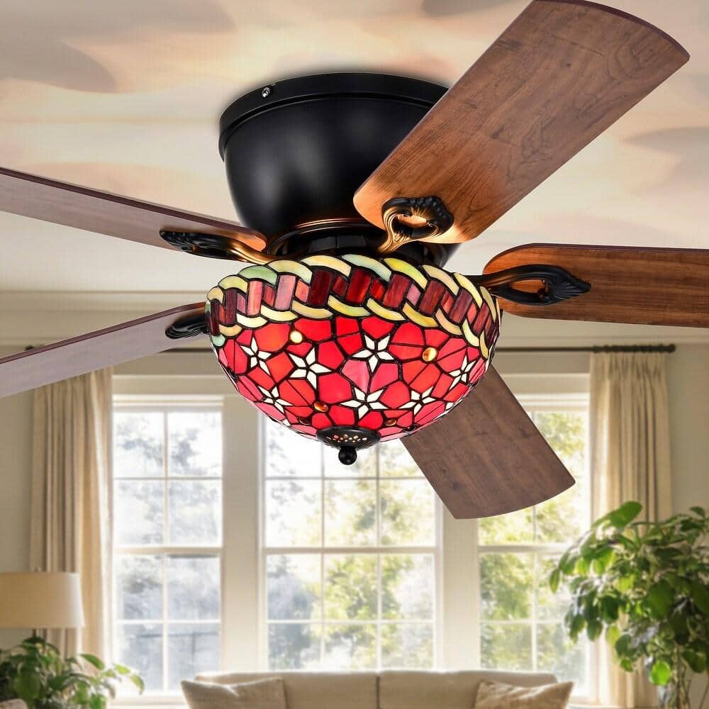 Chergo 52-Inch Flushmount Lighted Ceiling Fan Red Flower Tiffany Glass Lamp Black Finish price history on PriceWatchPro