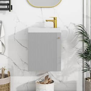 16 in. W Modern Elegant Floating Wall-Mounted Bathroom Vanity in Grey with Ceramic Sink and Door