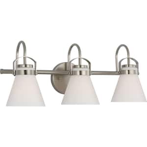 McClimon 22.12 in. 3-Light Brushed Nickel Luxe Vanity Light for Bathroom Mirror with Etched Opal Glass Shades