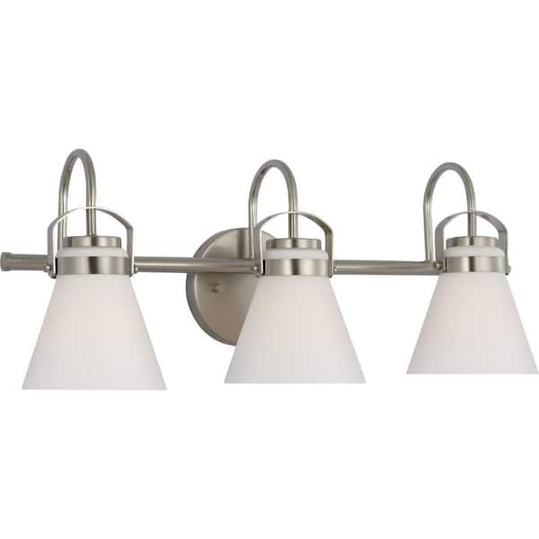 Progress Lighting McClimon 22.12 in. 3-Light Brushed Nickel Luxe Vanity Light for Bathroom Mirror with Etched Opal Glass Shades
