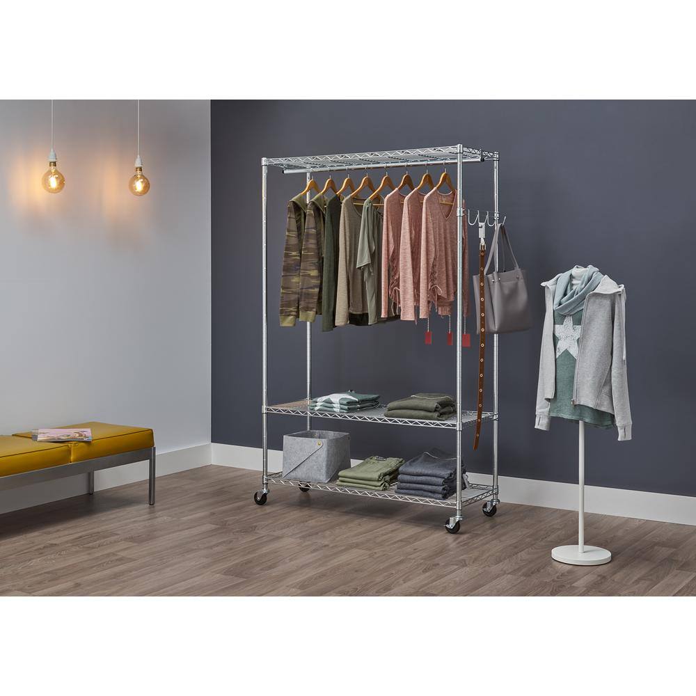 Chrome 3-Tier Rolling Garment Rack with Hooks