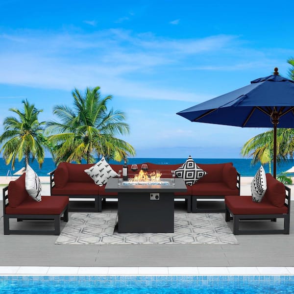 FINCATI Gray 7-Piece Large Patio Aluminum Deep Seating Sofa Set, 55,000 BTU Fire Pit Table and Red Cushions