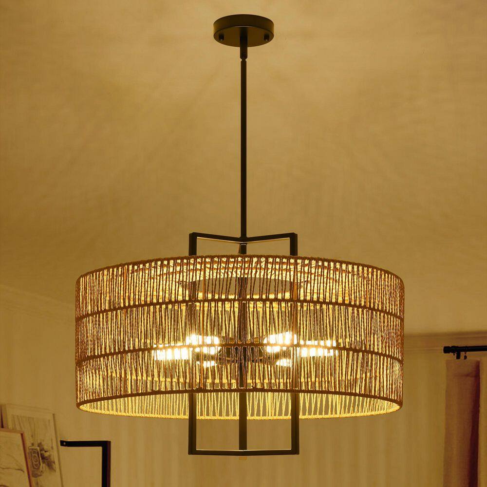 Rustic Farmhouse 23.62 in. 6-Light Boho Rattan Shade Black Metal Chandelier Height Adjustable Light Fixture (No Bulbs) price history on PriceWatchPro