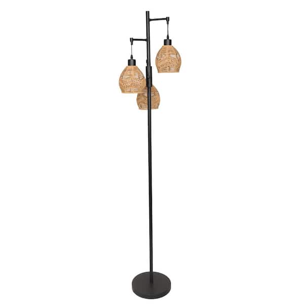 Uixe 65.05 in. Brown Boho Rattan Dimmable Tree Standing Floor Lamps with 3 LED Edison Bulbs