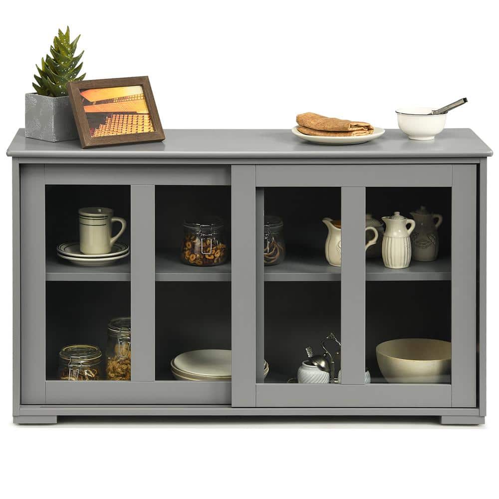 Gray MDF and Glass Sliding Door Kitchen Sideboard Cabinet