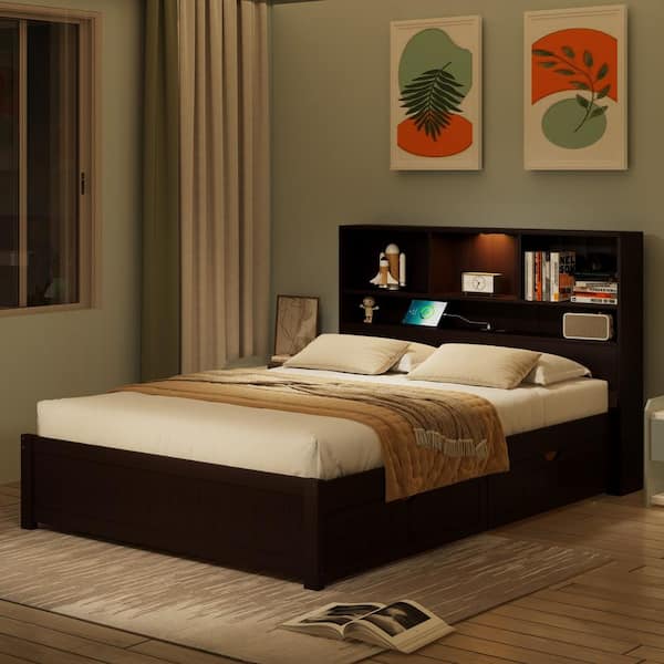 Brown Wood Frame Full Platform Bed with Bookcase Headboard