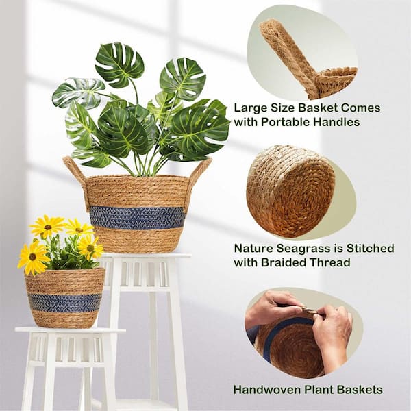 Set of 6 Seagrass Planter Basket Hand Woven Plant Flower Pots Cover with  Plastic Liners Seagrass Plant Pot Basket Rustic Farmhouse Plant Pot