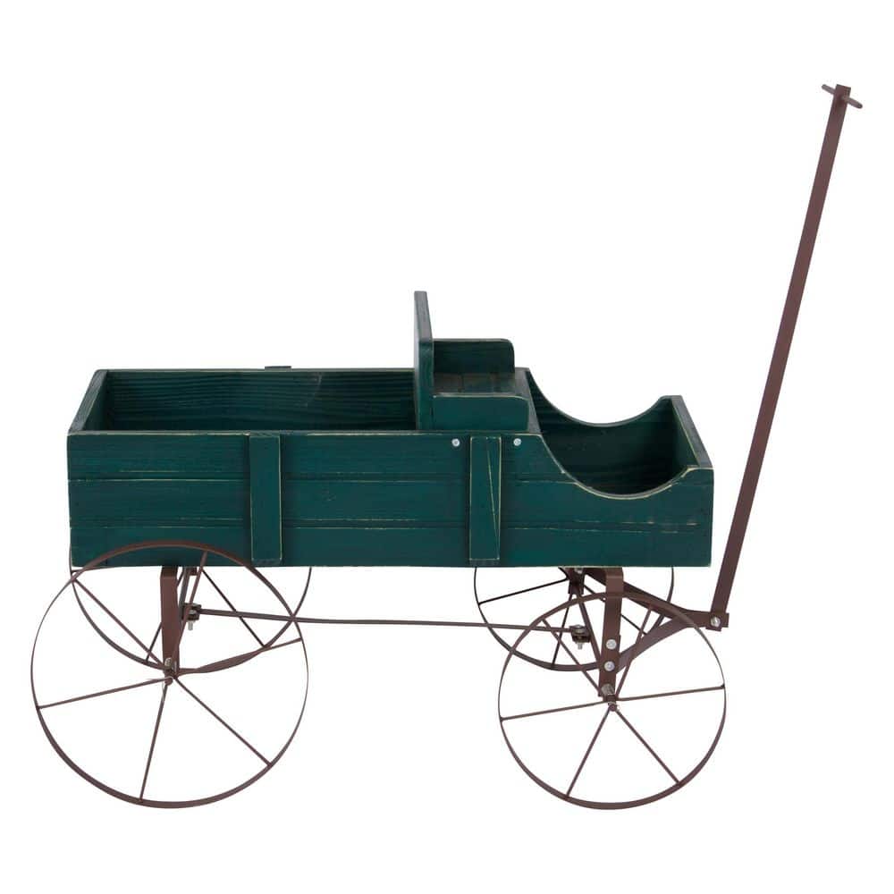 Green Cedar Wood Decorative Wagon Planter for Outdoor Plants