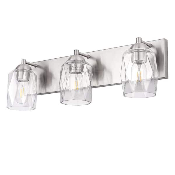 22 in. 3 Light Brushed Nickel Modern Unique Cylinder Vanity Light for Bathroom Mirror with Geometric Glass Shades