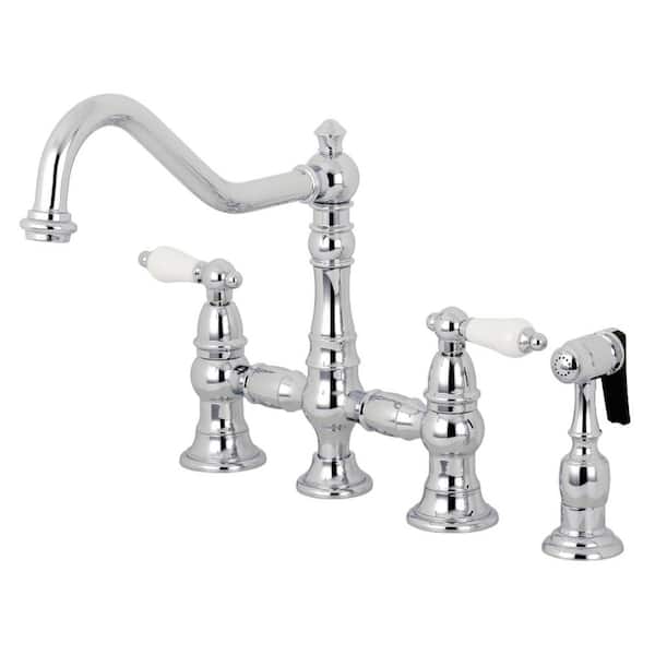 Kingston Brass Restoration 2-Handle Bridge Kitchen Faucet with Side Sprayer in Polished Chrome