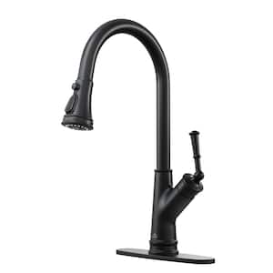 Single Handle Pull Down Sprayer Kitchen Faucet, Three-function Pull out Sprayhead, with Deckplate in Matte Black