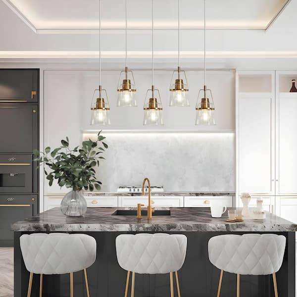Mid-Century Modern 29.7 in. 5-Light Chandelier Plated Brass Ceiling Light with Bell Clear Glass Shade