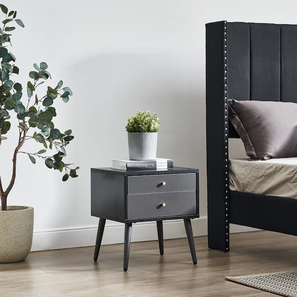 Seafuloy 13.7 in. L x 15.75 in. W x 17.7in. H Black+Gray Metal and Wood Nightstand with 2 Storage Drawer