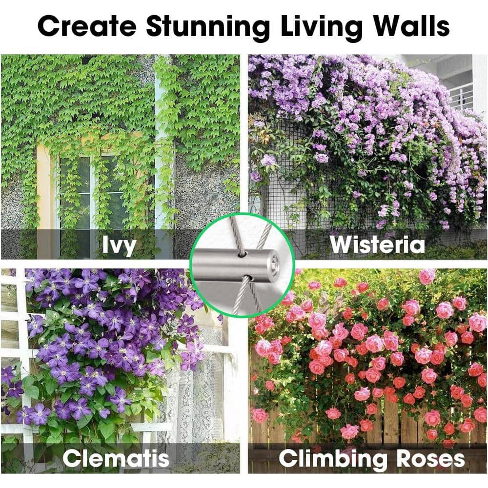 98.4 ft Stainless Steel Wire Trellis Kit with 20 Holders for Climbing Plants