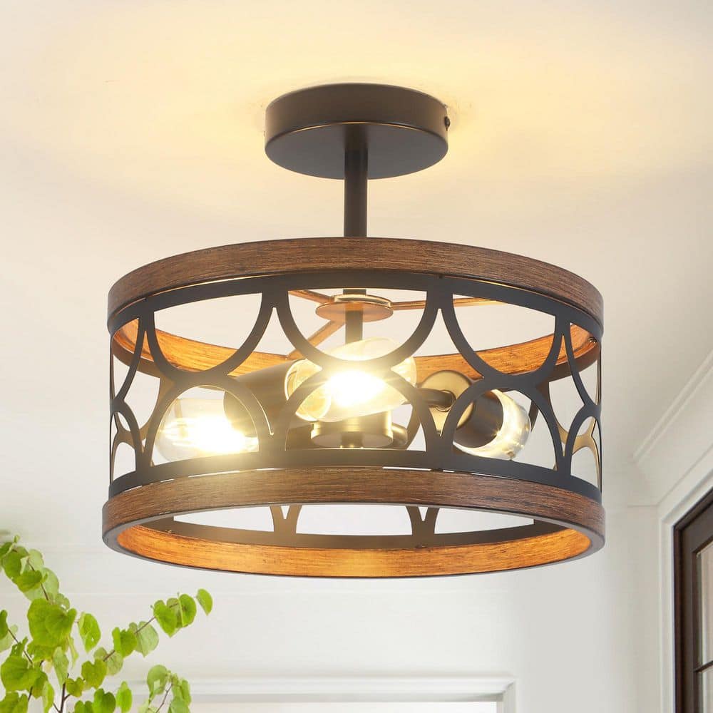 12.6 in. 3-Light Brown Cage Drum Semi-Flush Mount Ceiling Light Fixtures Industrial Farmhouse Style(Bulbs Not Included) price history on PriceWatchPro