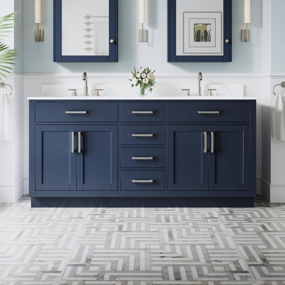 72 in. Navy Blue Solid Wood Freestanding Bath Vanity with White Cultured Marble Top, Brushed Nickel Pulls, Assembled price history on PriceWatchPro
