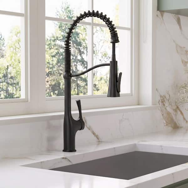 23.8 in. Single Handle Spring 360° Swivel Pull Down Sprayer Kitchen Faucet with Spray Wand in Matte Black