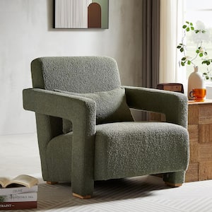 Green Boucle Fabric Sleek Right-Angle Armrests Arm Chair with Ergonomic Lumbar Support, Square Wooden Block Legs