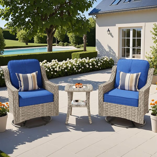 XIZZI Evolve 3-Piece Wicker Outdoor Rocking Chair Set with Navy Blue Cushions