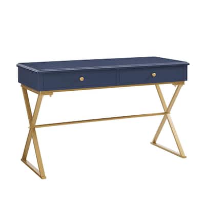 47.5 in. Rectangular Blue/Matte Gold 2 Drawer Writing Desk with Built-In Storage