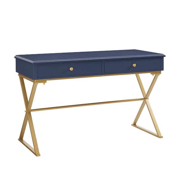 Linon Home Decor 47.5 in. Rectangular Blue/Matte Gold 2 Drawer Writing Desk with Built-In Storage