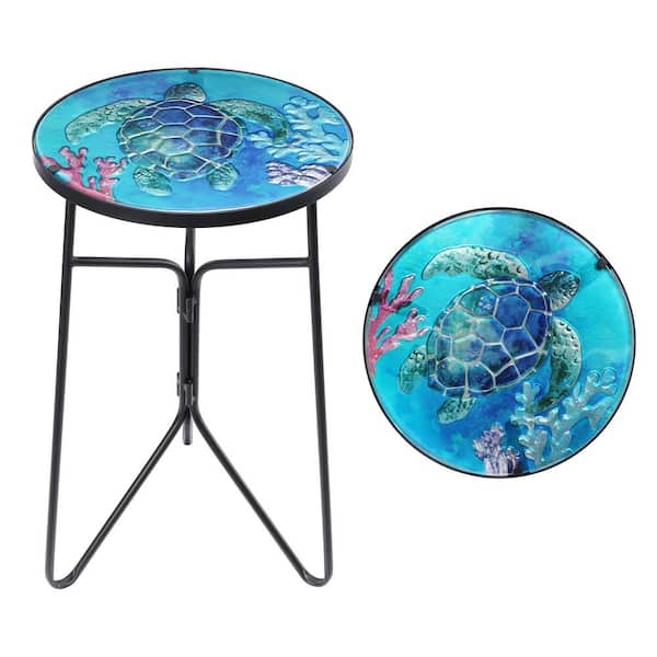 MUMTOP 12 in. Tall Round Side Table Outdoor Glass Top Accent Table, Blue Turtle