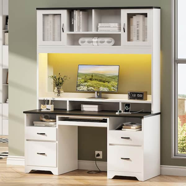 59 in. Rectangular Black White Ergonomic Computer Desk with Hutch and Power HubOffice Desk with Keyboard Tray, LED Light