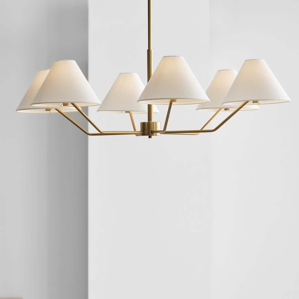 Elegant Mid-Century Satin Brass 6-Light Chandelier with White Linen Shade