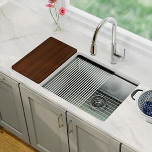 Elite 23 in. Undermount Workstation Single Bowl 16-Gauge Stainless Steel Kitchen Sink with Grid, Board, Mat, Strainer