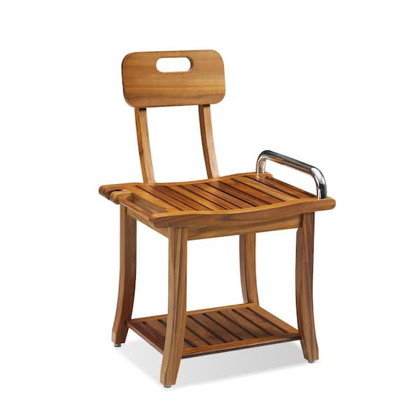 19inWx13inDx28inH Freestanding Teak Wood Waterproof, Walk In Shower Seat Bench with Handle & Backrest for Elderly