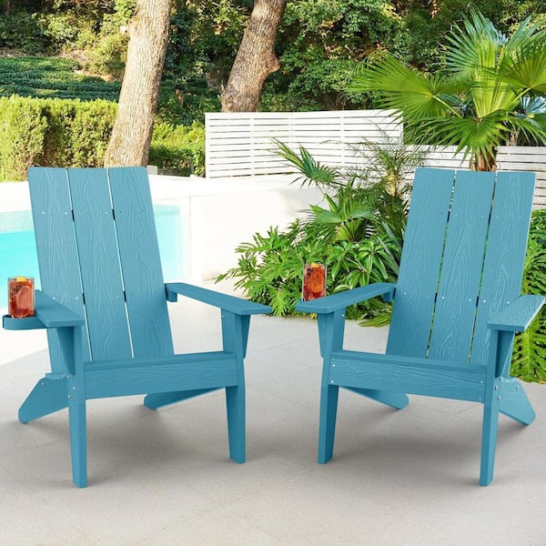Mximu Oversize Modern Blue Plastic Outdoor Patio Adirondack Chair with Cup Holder (2-Pack)