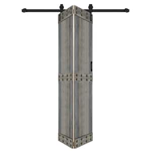 Mid-Bar Style 48in.x84in.(24''x84''x2panels) Aged Barrel Solid Core Wood Bi-Fold Door With Hardware Kit -Assembly Needed