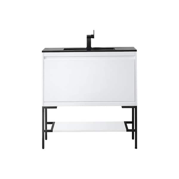James Martin Vanities Mantova 35.4 in. W x 18.1 in. D x 36 in. H Single Vanity Glossy White and Charcoal Black Composite Stone Top