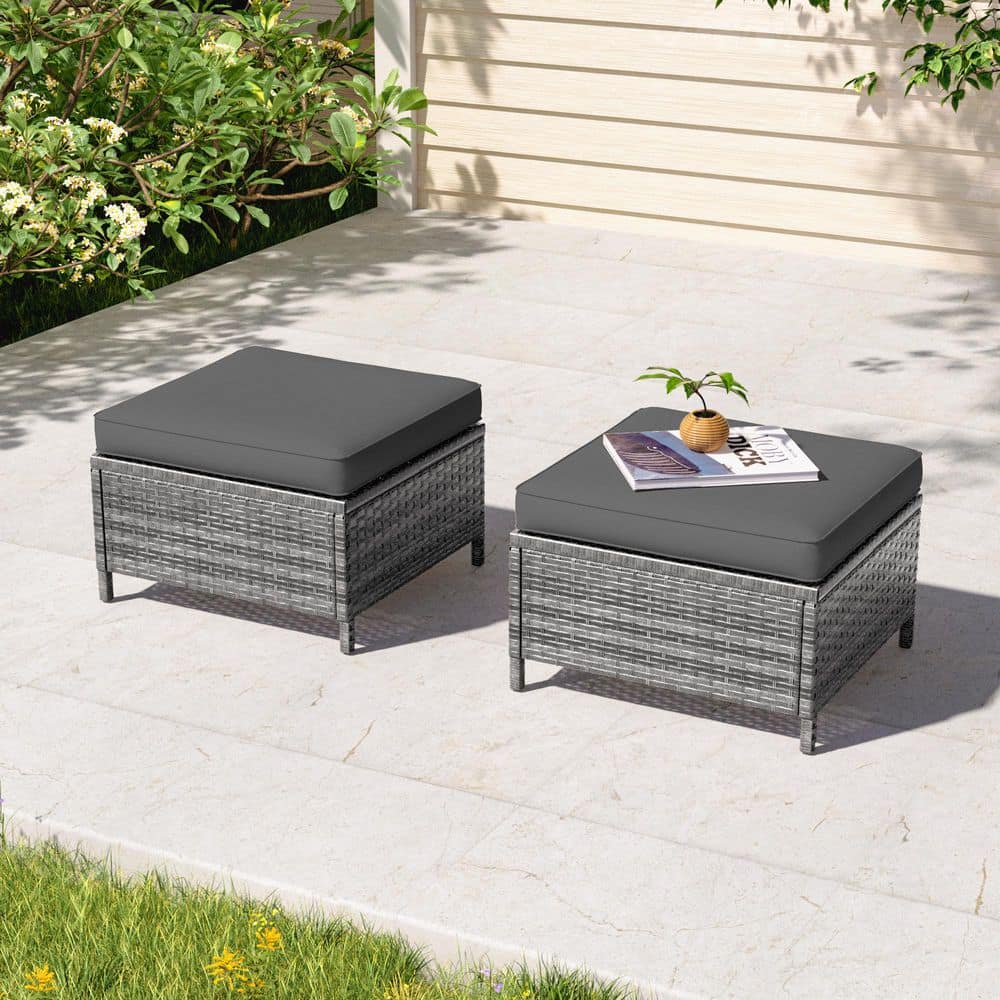 2-Piece Steel Frame Gray Wicker Outdoor Ottoman with Gray Cushions