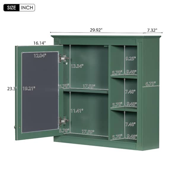 FUNKOL 29.92 x 7.32 x 28 In. Green Wall Mounted Modern Bathroom Storage Cabinet with Door Mirror and 3-Open Storage Dividers