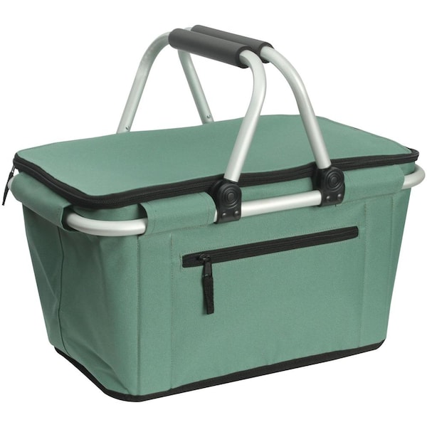 27L Collapsible Insulated Picnic Basket with Lid and Handles, Green Folding Cooler Grocery Bag