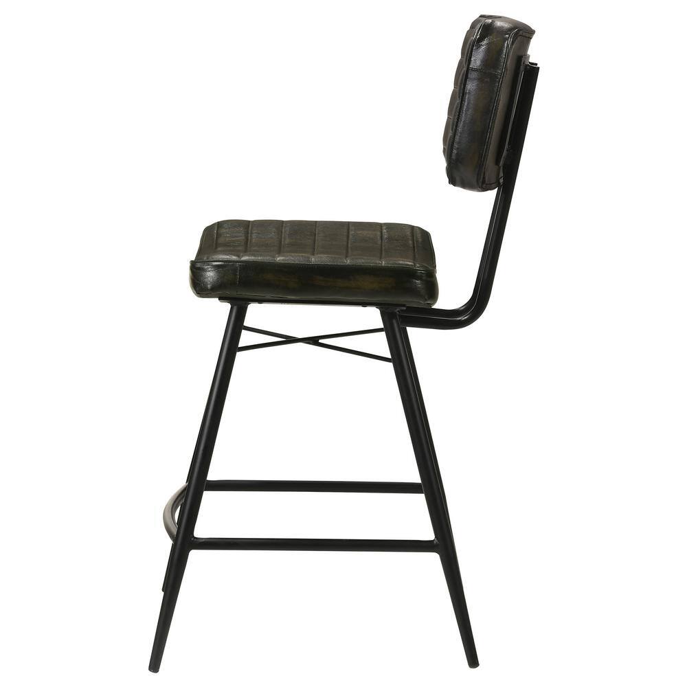 Dark Brown Leather and Wood Saddle Counter Stools, Set of 2