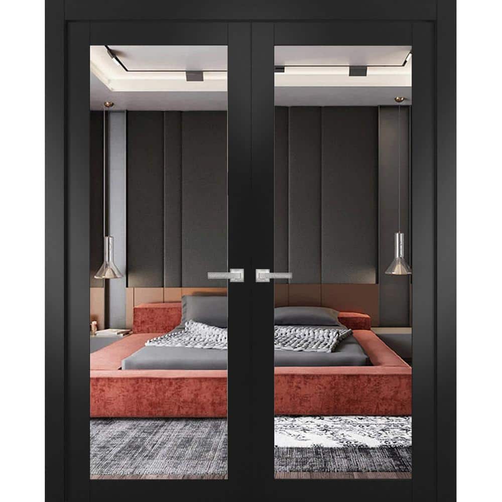 64 in. x 84 in. Black Matte Finished Universal/Reversible Mirrored Glass Solid Wood Assembly Required Interior Door Kit price history on PriceWatchPro