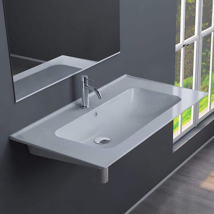 White Ceramic Rectangular Wall-Mount Bathroom Sink with Overflow
