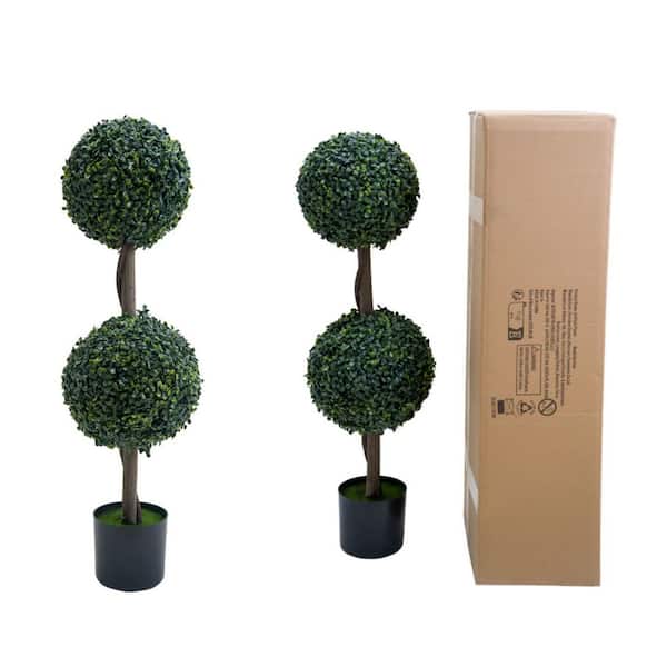 2-Piece 2.9 ft. Artificial Topiary Trees, 35 in. Milan Grass Ball Topiary Trees with Double Balls Boxwood Ball Trees