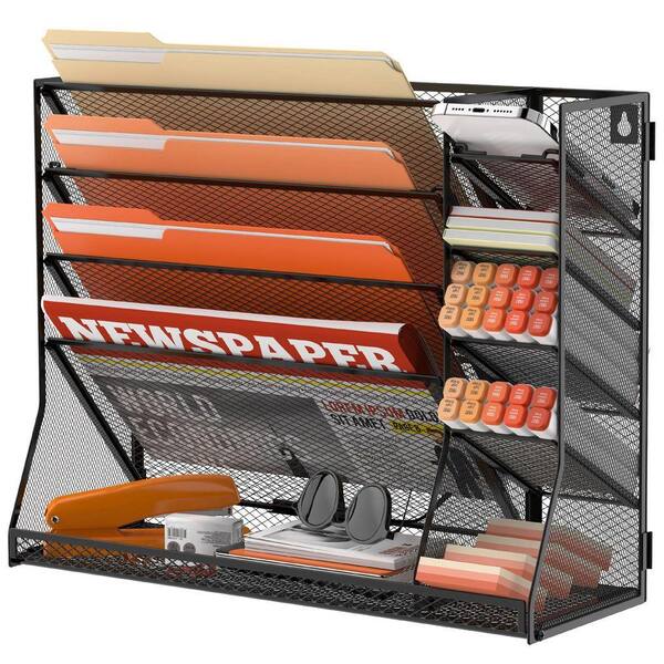 13 in. x 5.7 in. Black Wall File Organizer Metal Magazine Rack